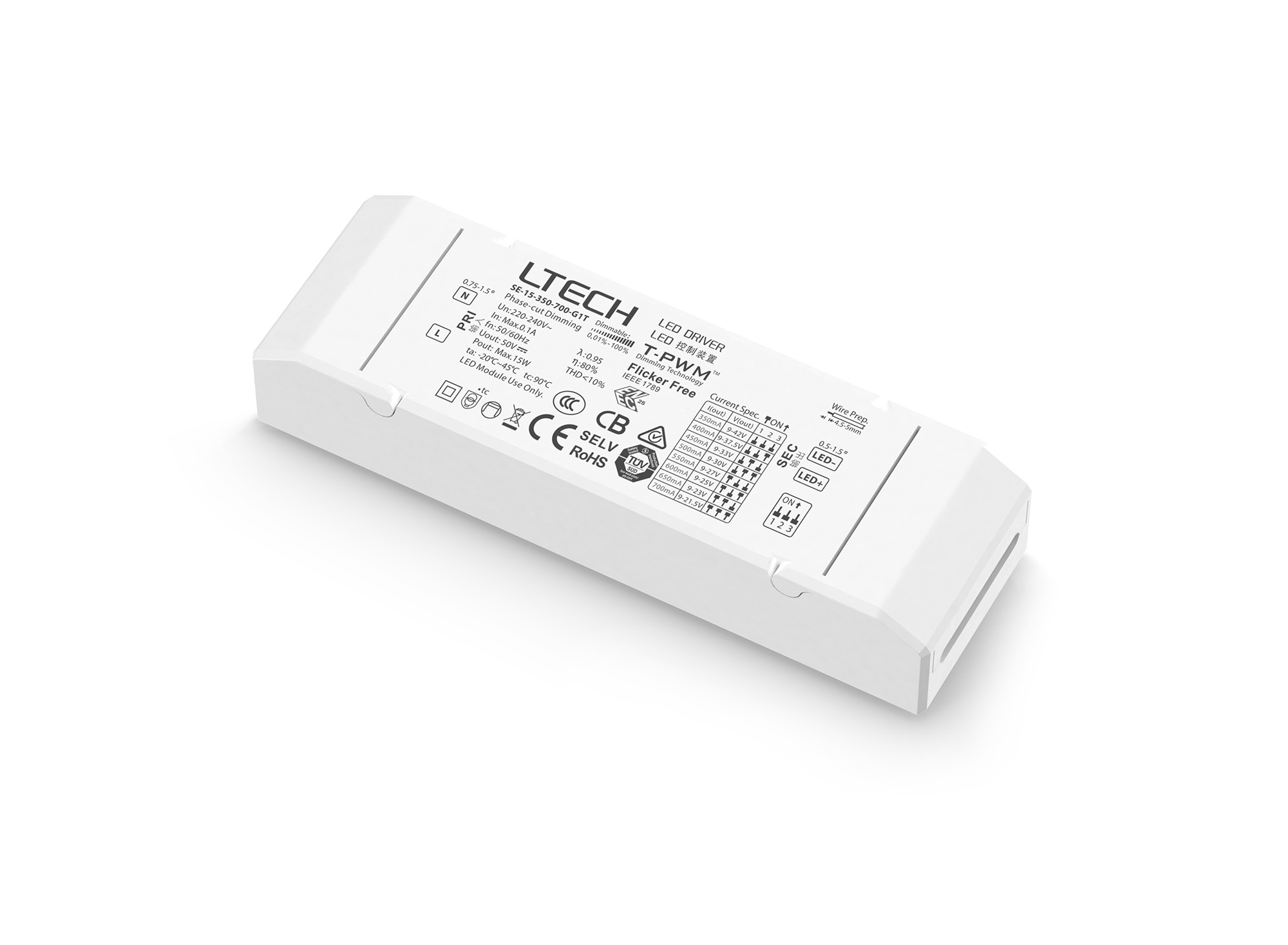 SE-15-350-700-G1T  Triac/ELV Push Dim PWM 15W Constant Current Dimmable Driver 45V 150-700mA, IP44.